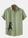 Graphic Ninja Cat Print Olive Green Half Sleeve Casual Shirt for Men