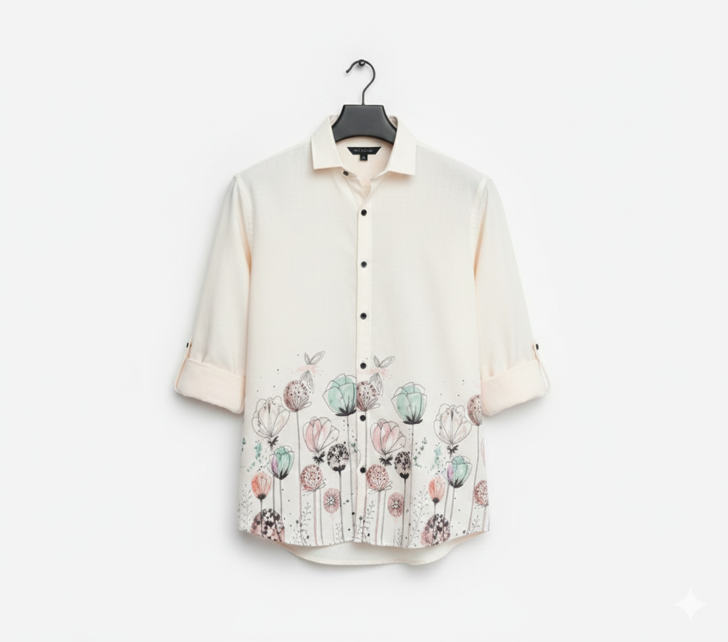 Men's Cream Floral Sketch Print Casual Shirt - Full Sleeve